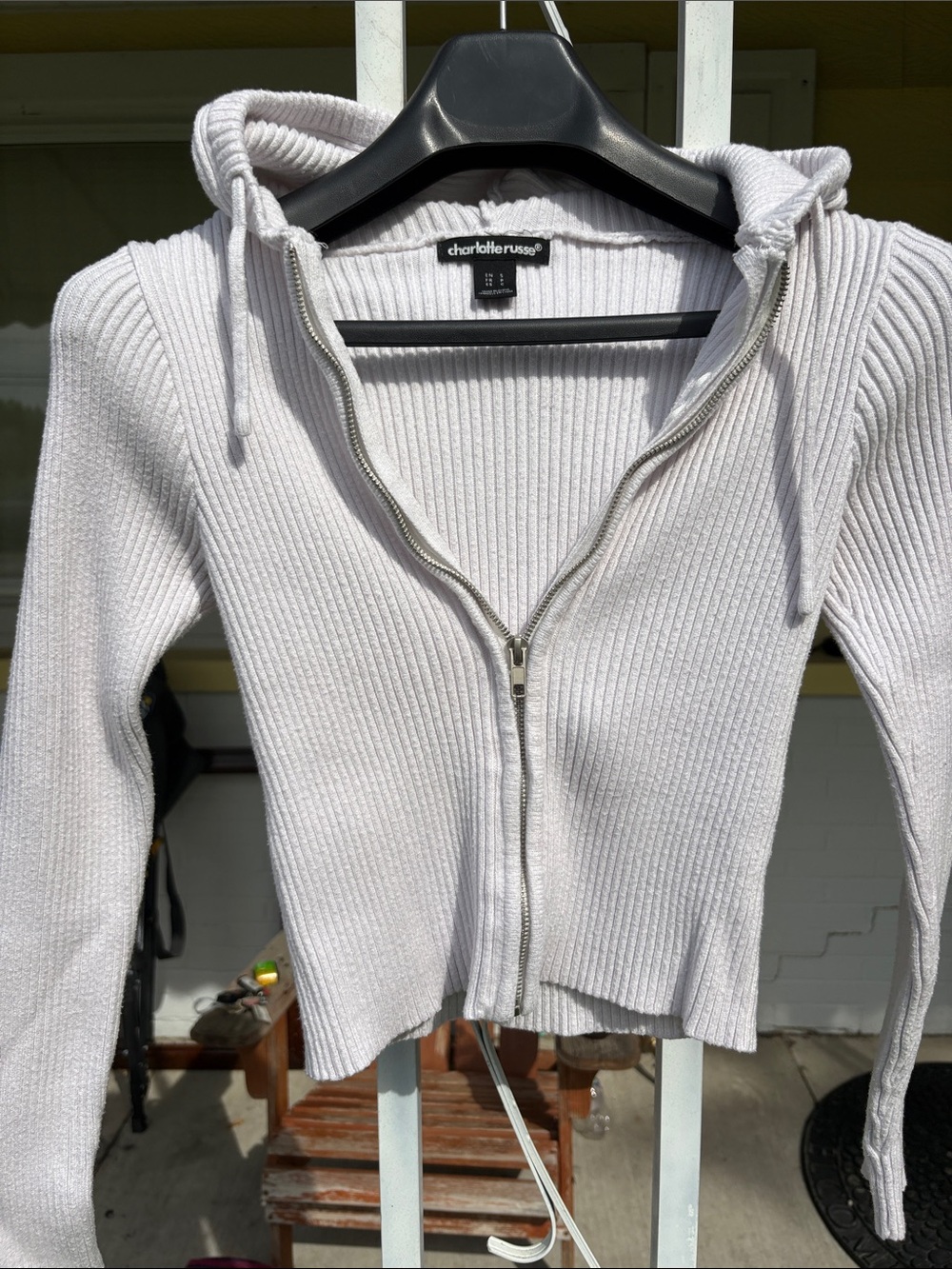 Charlotte Russe Light Gray Ribbed Zip Hoodie
